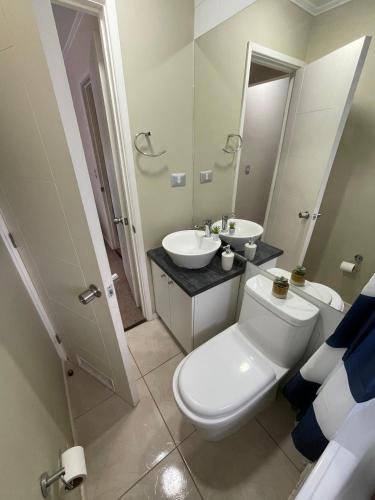 Un baño con inodoro, lavabo y espejo. en habitacion doble con baño en suite, en Valdivia