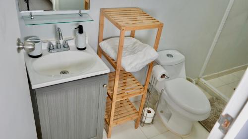 图兰辛戈Foresta Camp, Habitaciones y Hostales en el Bosque的带水槽和马桶的小浴室