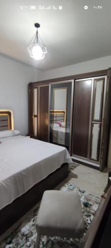 Un dormitorio con una cama y una silla dentro. en Luxury Apt Family moon Towers, en El Cairo