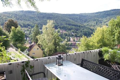 a balcony with a table overlooking a valley at Apartment in Heidelberg with Neckar view in Niederdorla