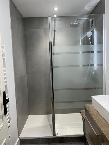 una doccia con una porta in vetro in un bagno di Charmant appartement centre a Laval