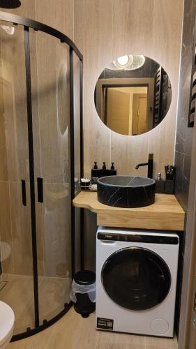 a bathroom with a sink and a mirror at JOJO Loft Comfort Dzelzavas & Cozy Stay & Breakfast Gift in Riga