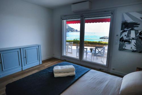 艾日Appartement exception les pieds dans l'eau的一间带床的卧室，可欣赏海景