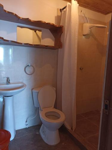 a bathroom with a toilet and a sink at Hostal Hilltop Capurgana in Capurganá