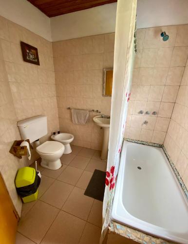 a bathroom with a toilet and a bath tub at Onda Verde Hostel in San Salvador de Jujuy