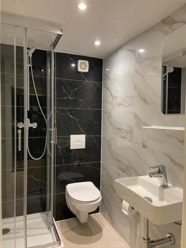 a bathroom with a shower and a toilet and a sink at Hostel Casa Andalucia in Hallbergmoos