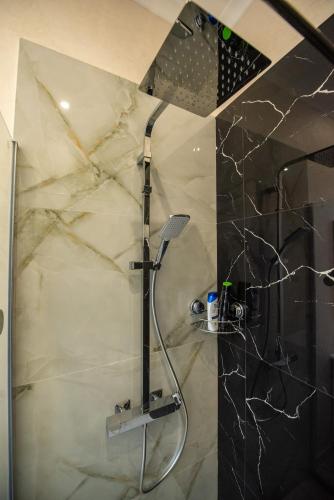 a shower with a shower head in a bathroom at Vibe 90 Old Town Apartment Craiova in Craiova