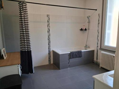 费康Les Petits Galets的带浴缸和浴帘的浴室