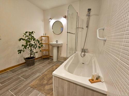 圣提里耶拉佩尔什L'Horizon - Domaine du Vertendre的带浴缸和水槽的白色浴室