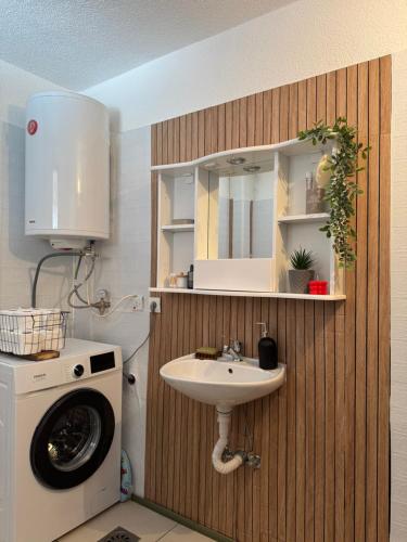 a bathroom with a sink and a washing machine at Mountain villa in Gorna Belica - Villa Hani in Struga