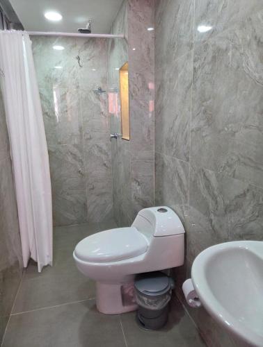 a bathroom with a pink toilet and a sink at Hermoso y acogedor apartamento en conjunto cerrado in Ibagué