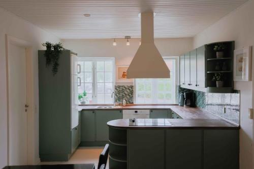 a kitchen with green cabinets and a large island at Stay In Hindemaes Historic Managers House in Ullerslev