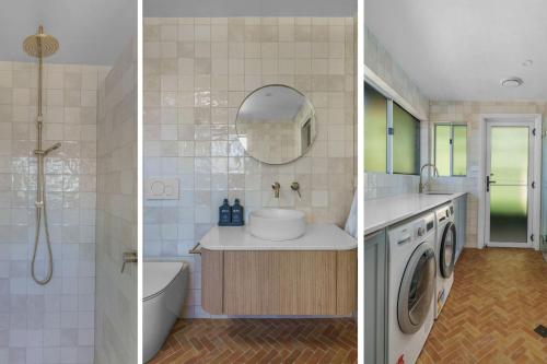 two pictures of a bathroom with a sink and a washing machine at Luna Beach House, Vincentia in Vincentia