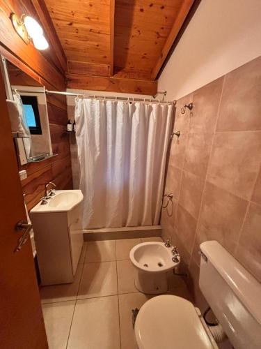 Cabaña Alpina con Terraza Panorámica في لا كومبريسيتا: حمام صغير مع مرحاض ومغسلة