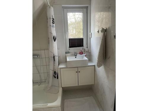 汉堡Holiday home in beautiful Hamburg的带水槽和淋浴的白色浴室