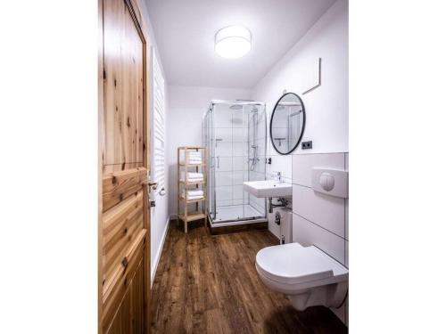 Holiday apartment Gutshof Bastorf في Bastorf: حمام مزود بمرحاض ومغسلة ومرآة