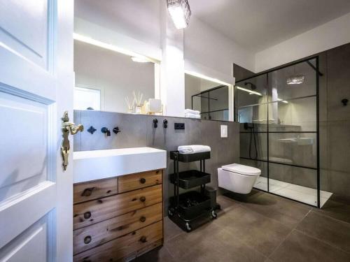 ein Badezimmer mit Waschbecken und Toilette in der Unterkunft Superior Studio in the Manor House in Bastorf