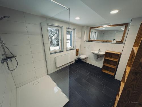 un bagno con doccia in vetro e lavandino di House Lisbeth - Apartment Lina a Vesser