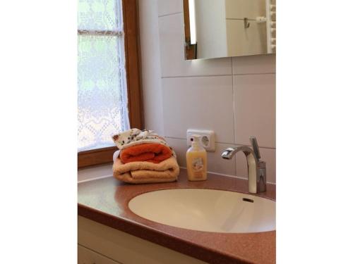 施塔费尔湖畔穆尔瑙Holiday apartment with 2 bedrooms的浴室洗手池上放着毛巾和肥皂。