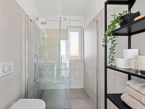 a bathroom with a glass shower and a toilet at Villa in minj with swimming pool in Žminj