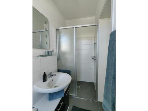 un bagno bianco con lavandino e doccia di Villa Marin, Apartment 6 a Zinnowitz