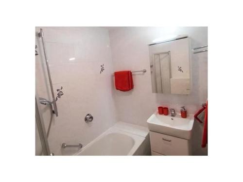 Holiday apartment with 1 bedroom في Kirchberg: حمام مع دش وحوض استحمام ومغسلة