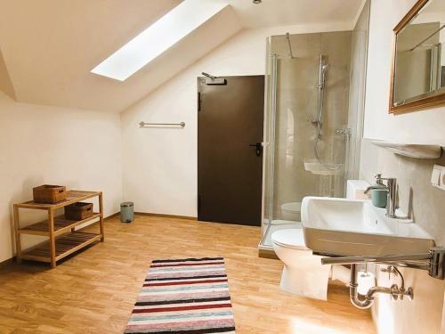 Un baño con ducha, lavabo e inodoro. en Holiday home in Weitnau with swimming pool, en Hellengerst