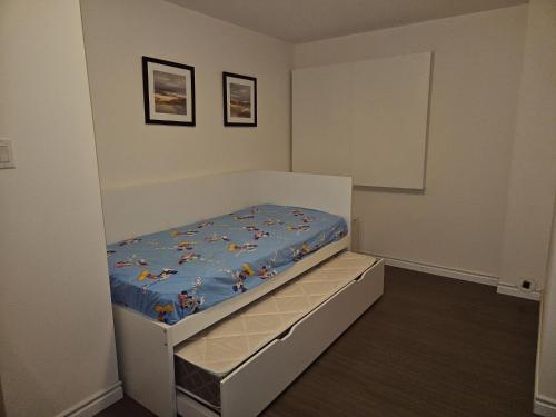 Spacious basement with private bathroom , sitting room and TV في ماركهام: غرفة نوم صغيرة مع سرير مع لحاف أزرق