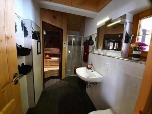 IllachHoliday home in Allgäu with 3 bedrooms的带水槽、淋浴和马桶的浴室
