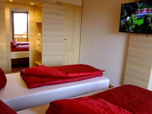 IllachHoliday home in Allgäu with 3 bedrooms的两个红色枕头坐在房间里的床边