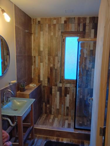 a bathroom with a shower and a sink at Casa en Cobo-Parque Lago in Mar de Cobo