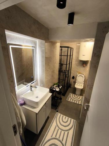 a bathroom with a sink and a mirror and a toilet at Pri Home in Pristina