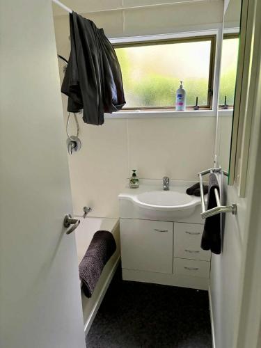 a small bathroom with a sink and a window at Kiwi Cove in Tauranga
