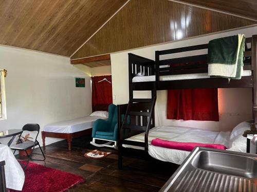 San VitoCabinas los Jilgueros的客房设有两张双层床和盥洗盆。