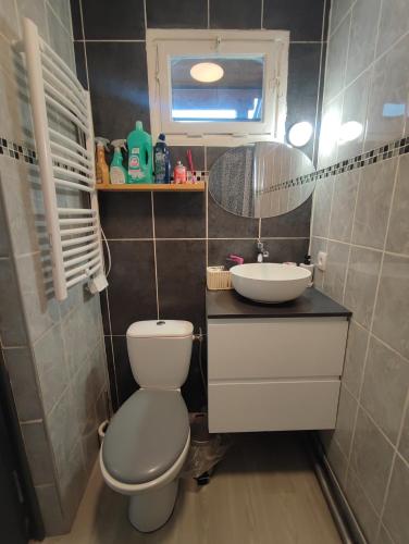 a small bathroom with a toilet and a sink at City 18 in Bourges