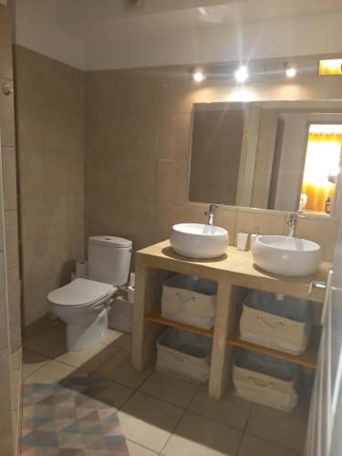 a bathroom with a toilet and a sink and a mirror at Appartement 2 chambres centre Papeete vue Moorea in Papeete