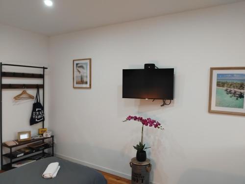 Appartement Parking Wifi Terrasse cosy في Condé-sur-Sarthe: غرفة بها تلفاز معلق على جدار مزين بزهرة