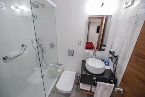 y baño con lavabo, aseo y ducha. en Hotel Sommelier Agustinas en Santiago