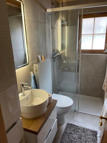 a bathroom with a sink and a toilet and a shower at Charmantes Chalet mit Studio & Bergblick in Habkern