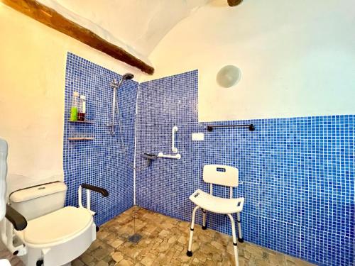 un bagno piastrellato blu con un water e un lavandino di Cave Houses Ed, Yara and Nadieh with PRM facilities a Margen de Abajo