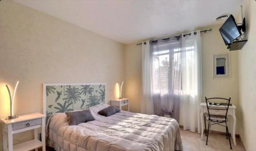 Saint-Fortunat-sur-EyrieuxChambres D'hôtes Mondon Le Haut的一间带床、电视和窗户的卧室