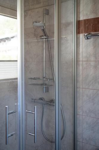a shower in a bathroom with a glass door at Haus Alpenflora in Werfenweng