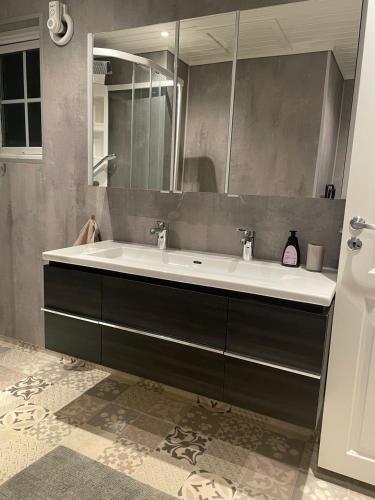 a bathroom with a sink and a mirror at Brekkehagen in Skien