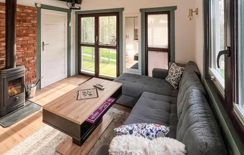 Una sala de estar con un sofá y una estufa de leña. en Amazing Home In Prokowo With Wifi, en Prokowo
