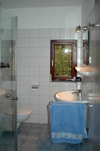 a bathroom with a sink and a toilet and a mirror at Ferienhaus Schanze19 in Schmallenberg