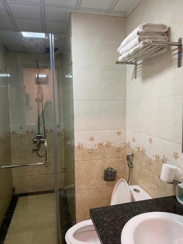 a bathroom with a shower and a toilet and a sink at SaPa Global Hotel in Sapa