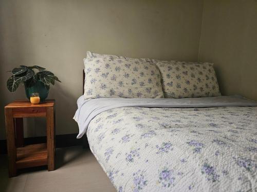 a bed with a pillow and a plant on a table at Westlinehomestay in Puerto Princesa City