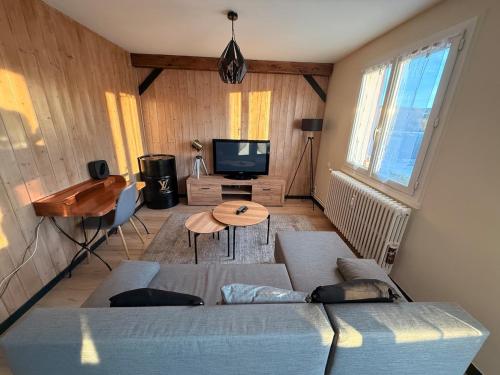 Una sala de estar con un sofá y un televisor. en Appartement chaleureux familial, en Saint-Laurent-en-Grandvaux