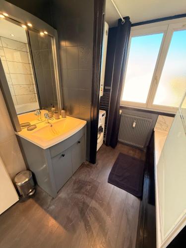 a bathroom with a sink and a large mirror at Appartement chaleureux familial in Saint-Laurent-en-Grandvaux