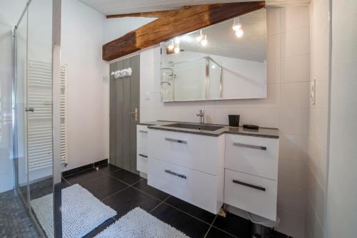 Grand-LandesGite de l'Hubertiere的带水槽和镜子的白色厨房